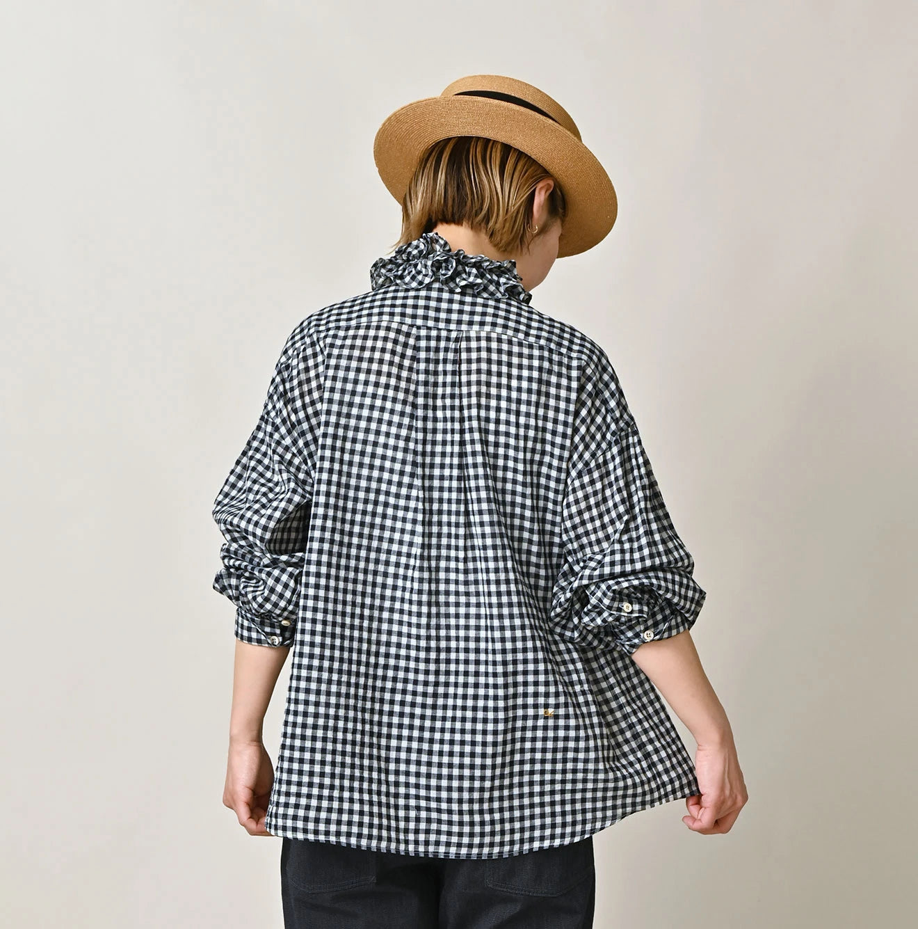 45R Indigo Gauze Gingham Frill Coupe Shirt - Image 5