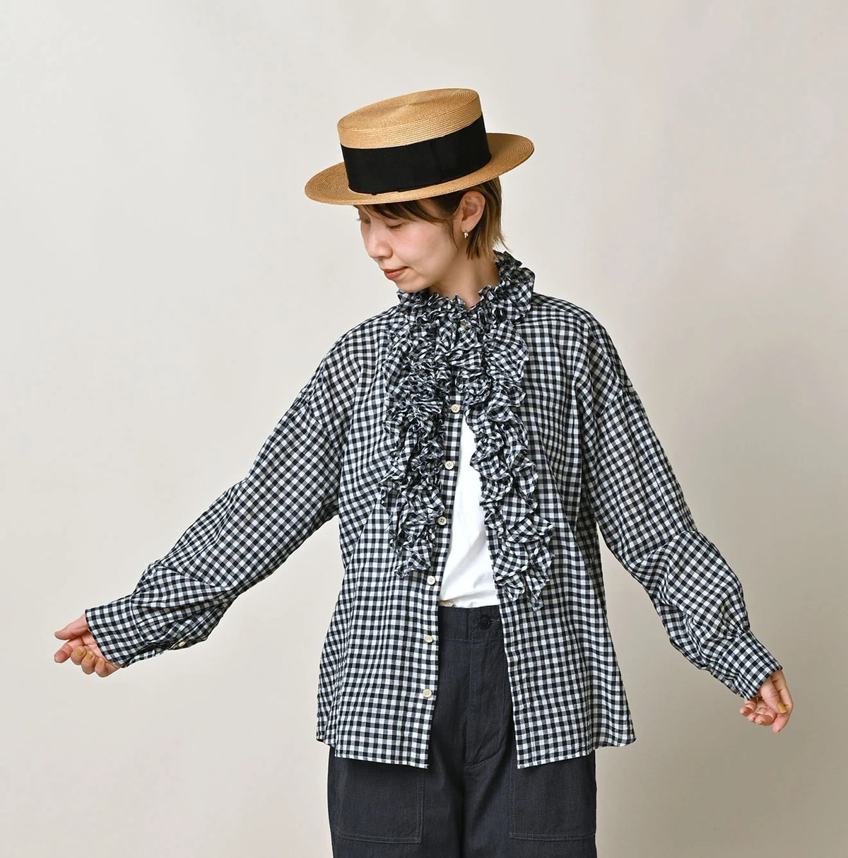 45R Indigo Gauze Gingham Frill Coupe Shirt