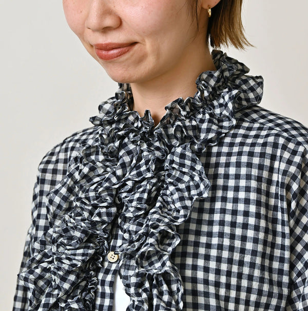 45R Indigo Gauze Gingham Frill Coupe Shirt