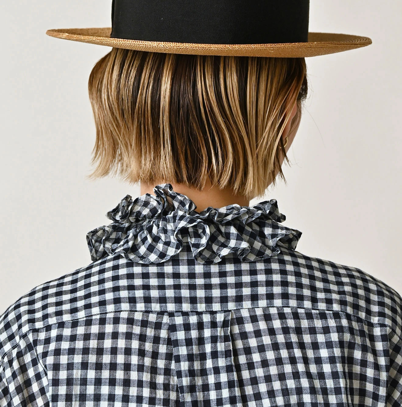 45R Indigo Gauze Gingham Frill Coupe Shirt - Image 9