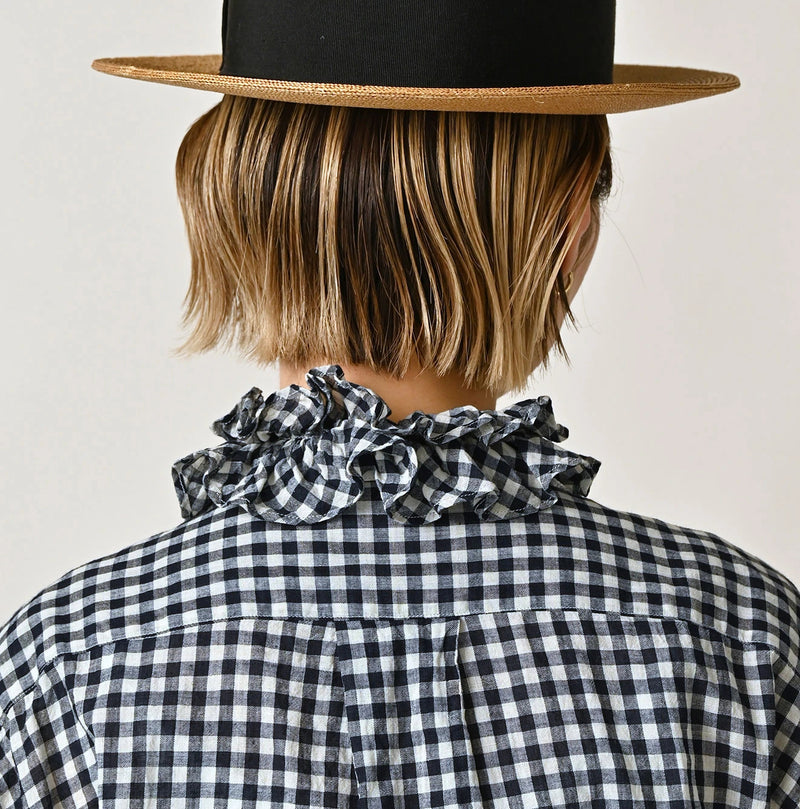 45R Indigo Gauze Gingham Frill Coupe Shirt - Image 9