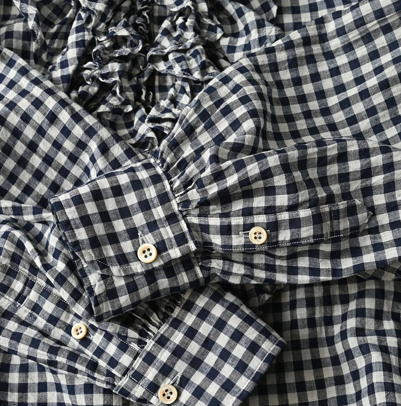 45R Indigo Gauze Gingham Frill Coupe Shirt - Image 15