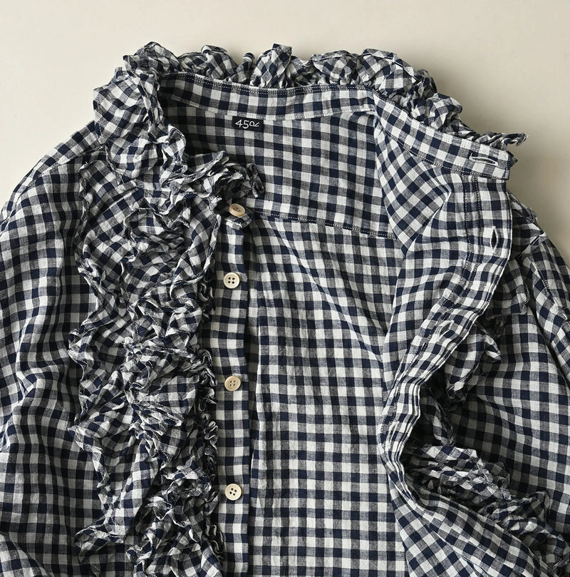45R Indigo Gauze Gingham Frill Coupe Shirt - Image 16