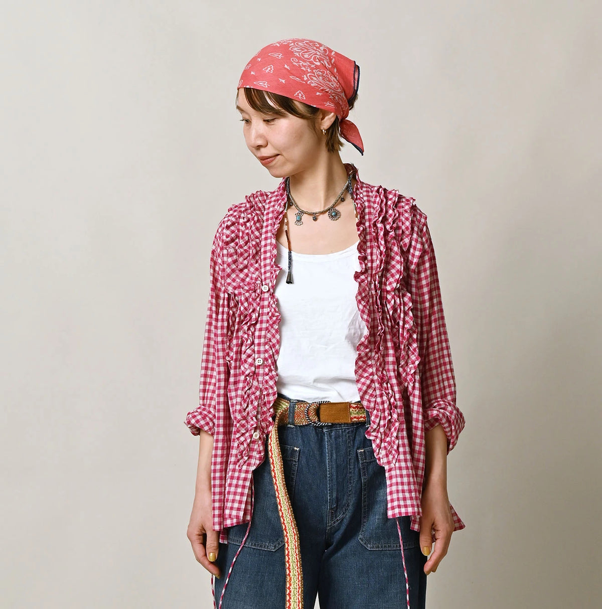 45R Gauze Gingham Frill Cache-Cœur