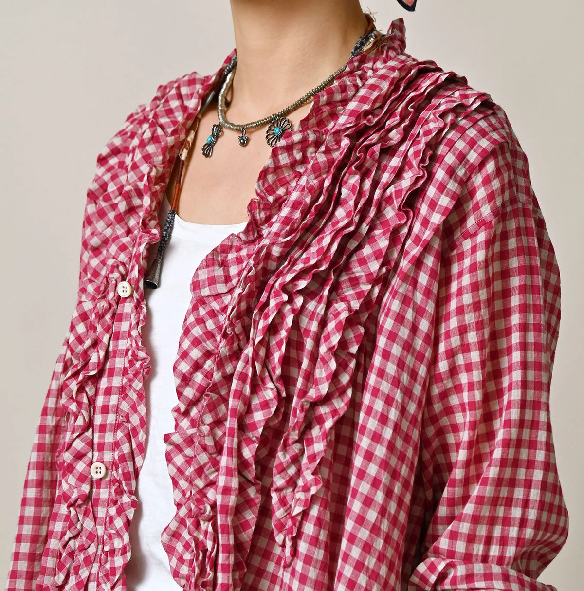 45R Gauze Gingham Frill Cache-Cœur