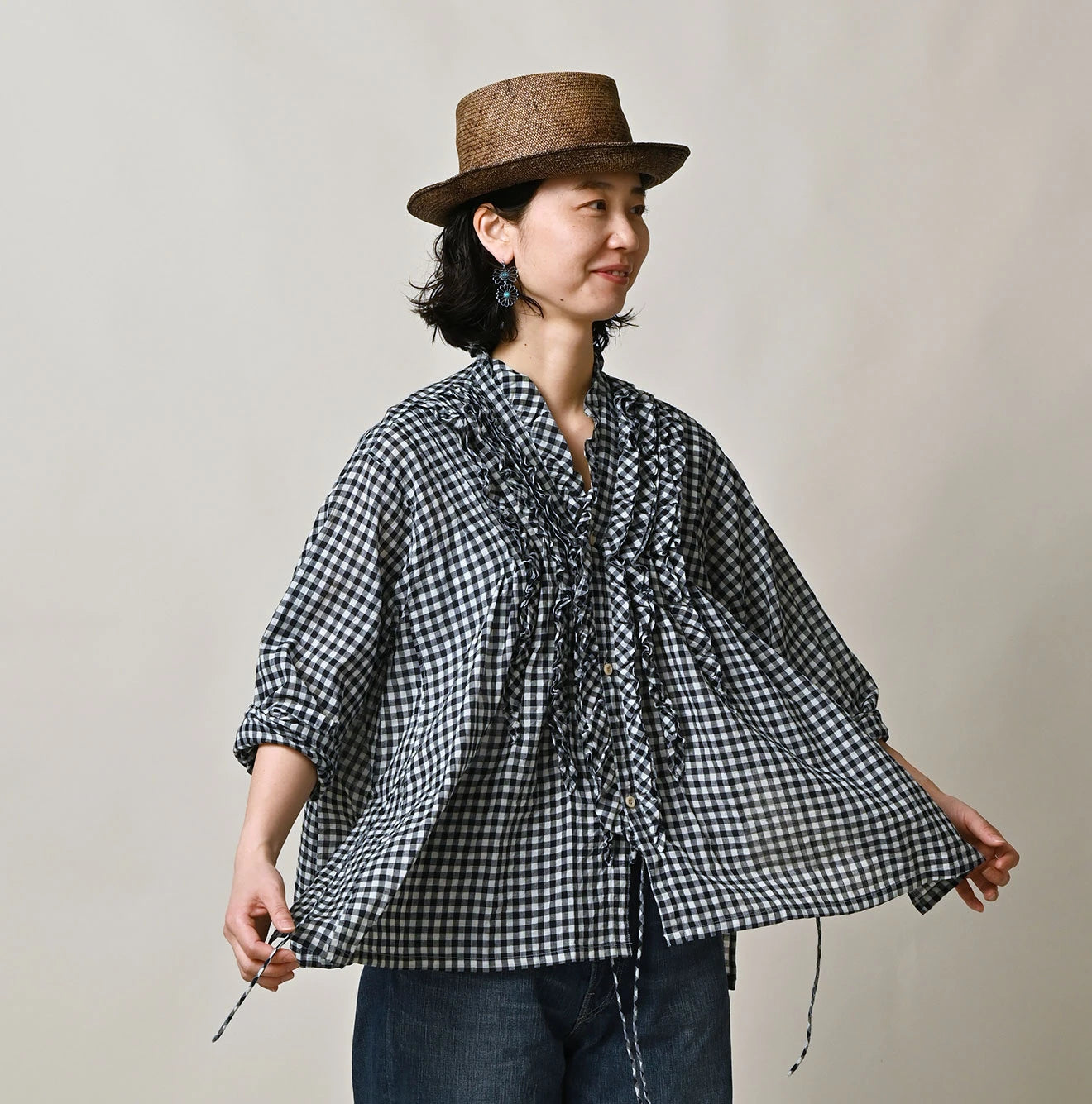 45R Indigo Gauze Gingham Frill Cache-Cœur - Image 3