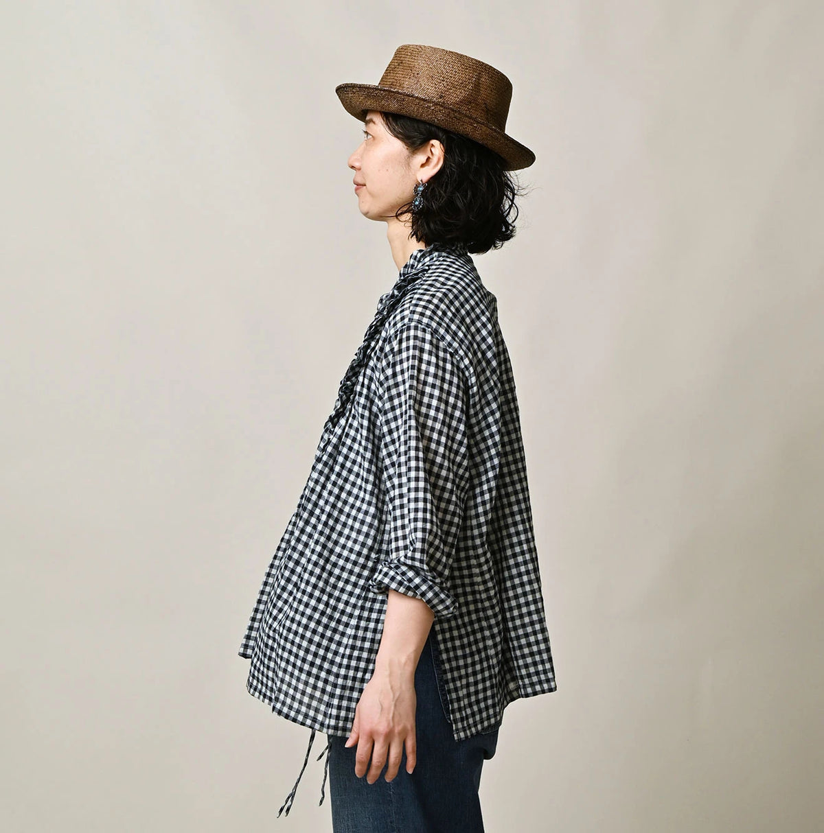 45R Indigo Gauze Gingham Frill Cache-Cœur