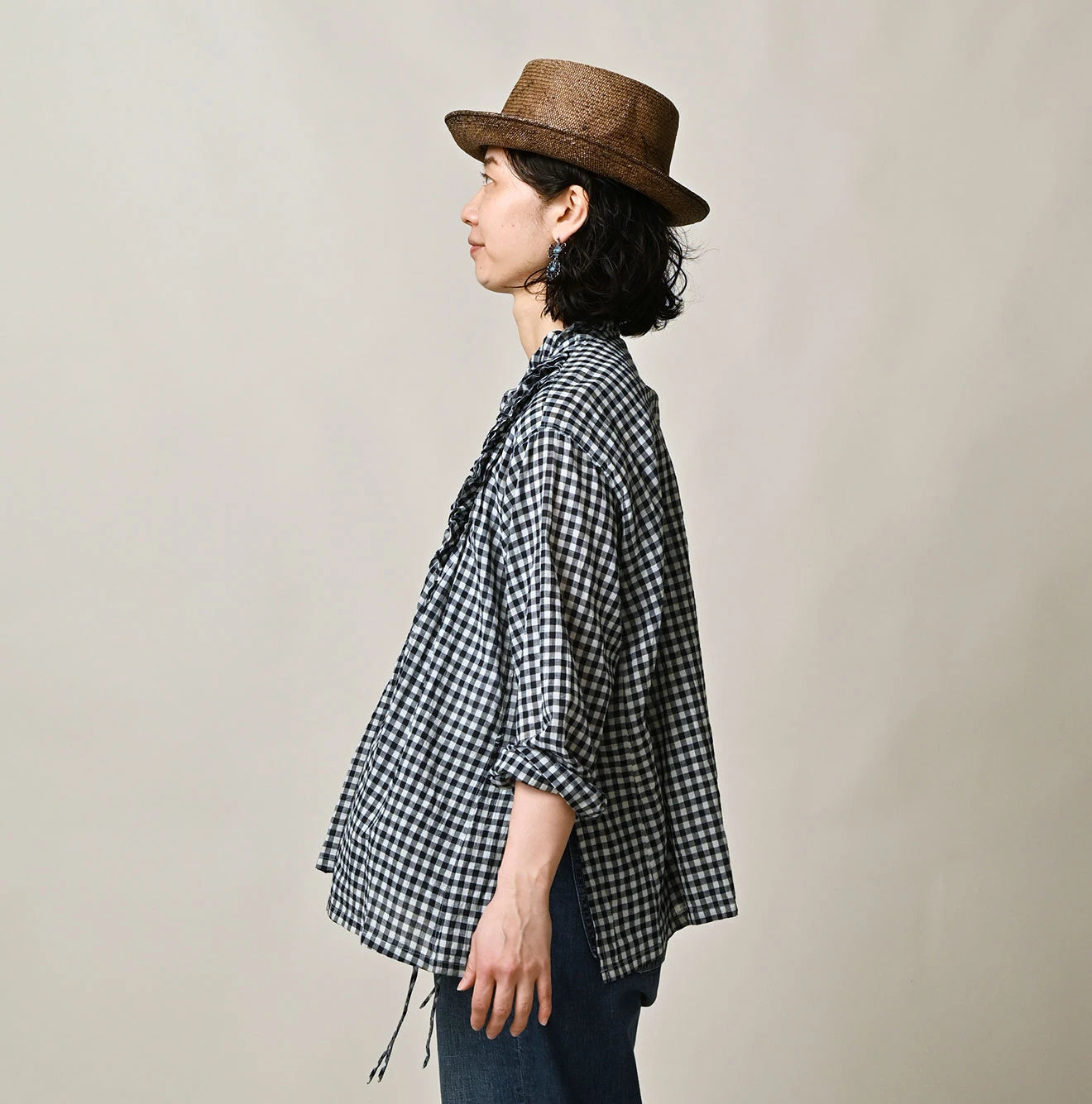 45R Indigo Gauze Gingham Frill Cache-Cœur - Image 4