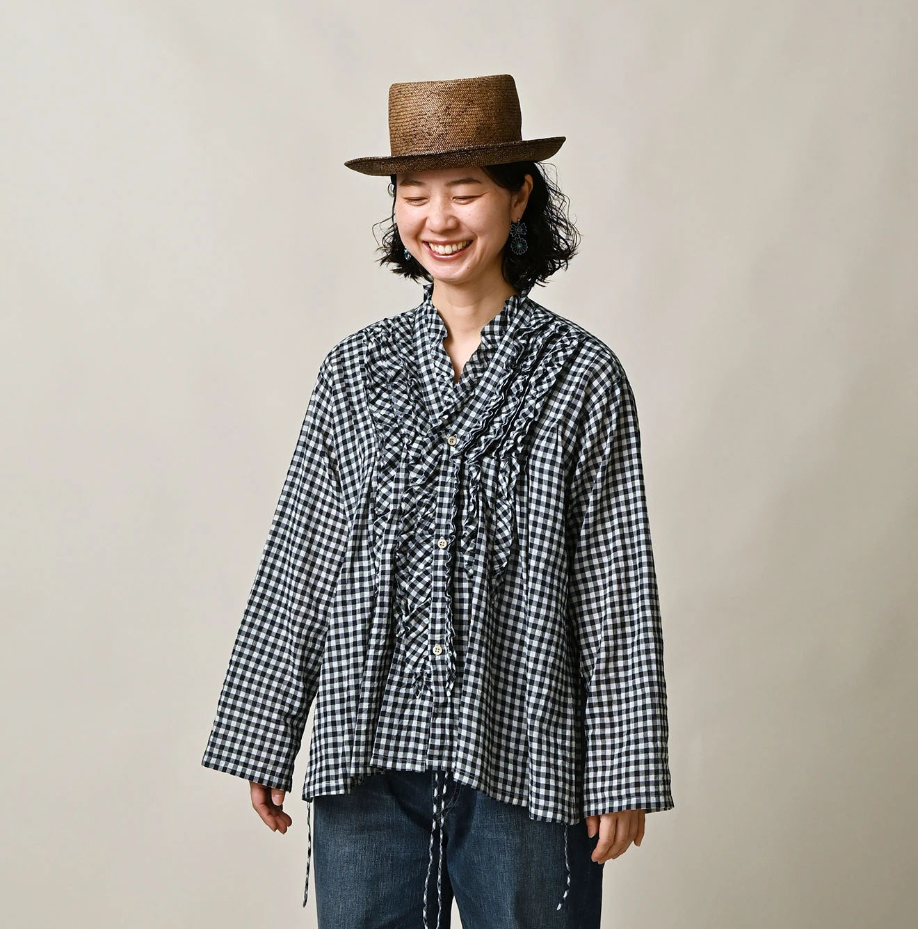 45R Indigo Gauze Gingham Frill Cache-Cœur - Image 6