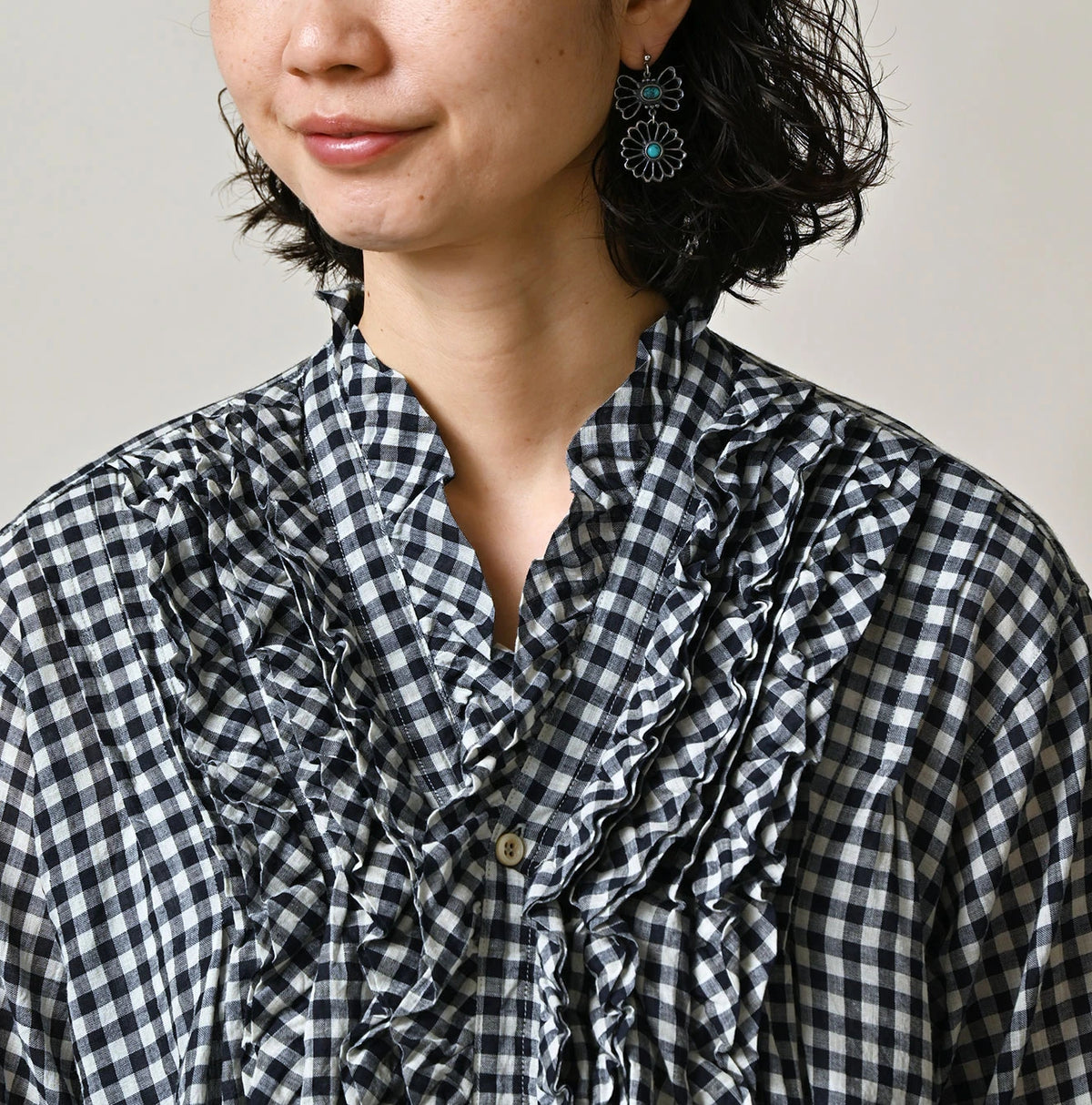 45R Indigo Gauze Gingham Frill Cache-Cœur