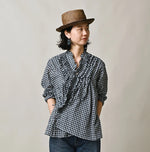 45R Indigo Gauze Gingham Frill Cache-Cœur