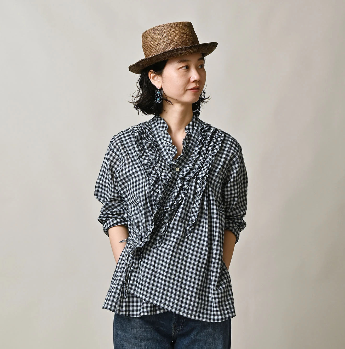 45R Indigo Gauze Gingham Frill Cache-Cœur - Image 12