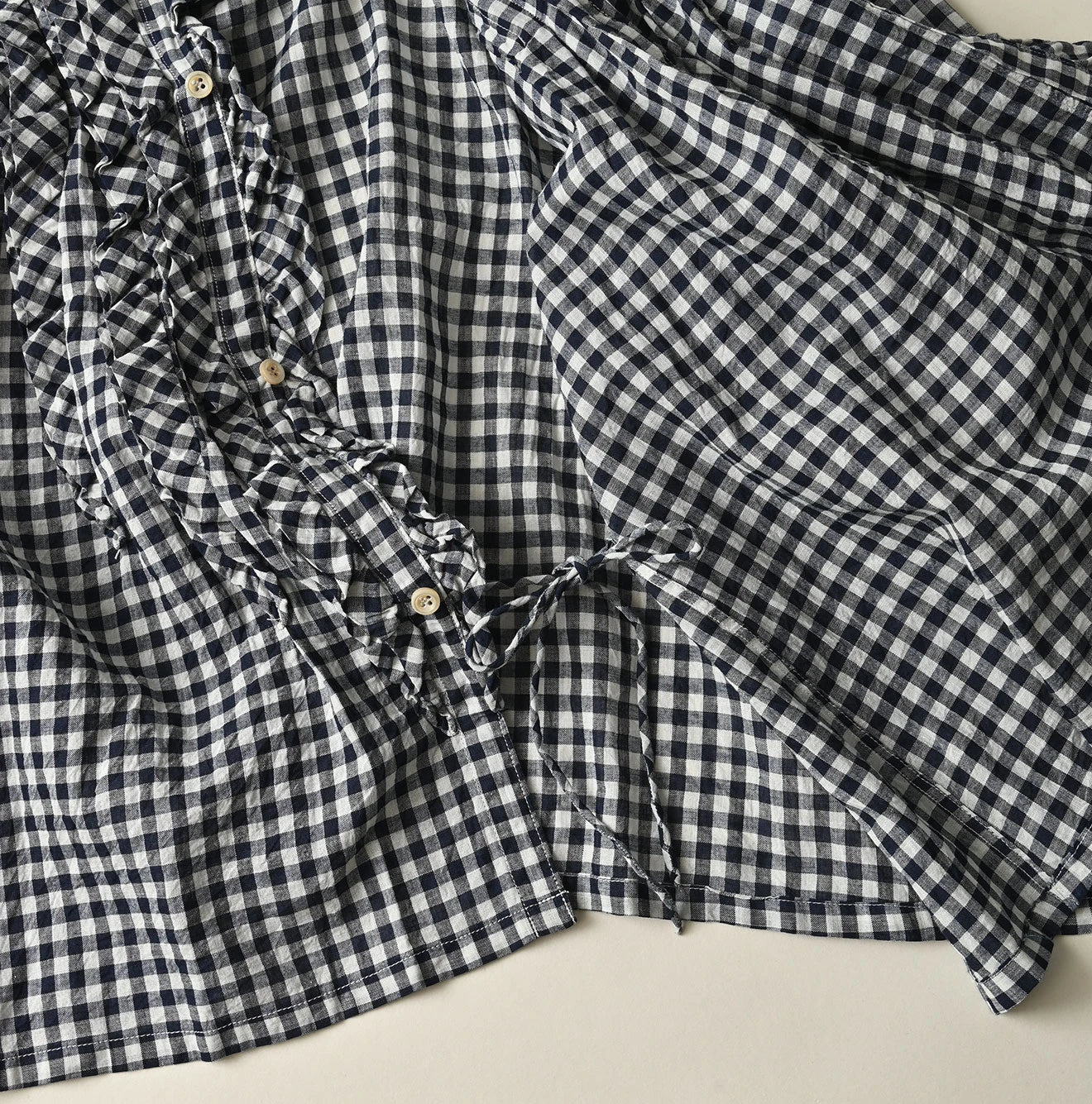 45R Indigo Gauze Gingham Frill Cache-Cœur