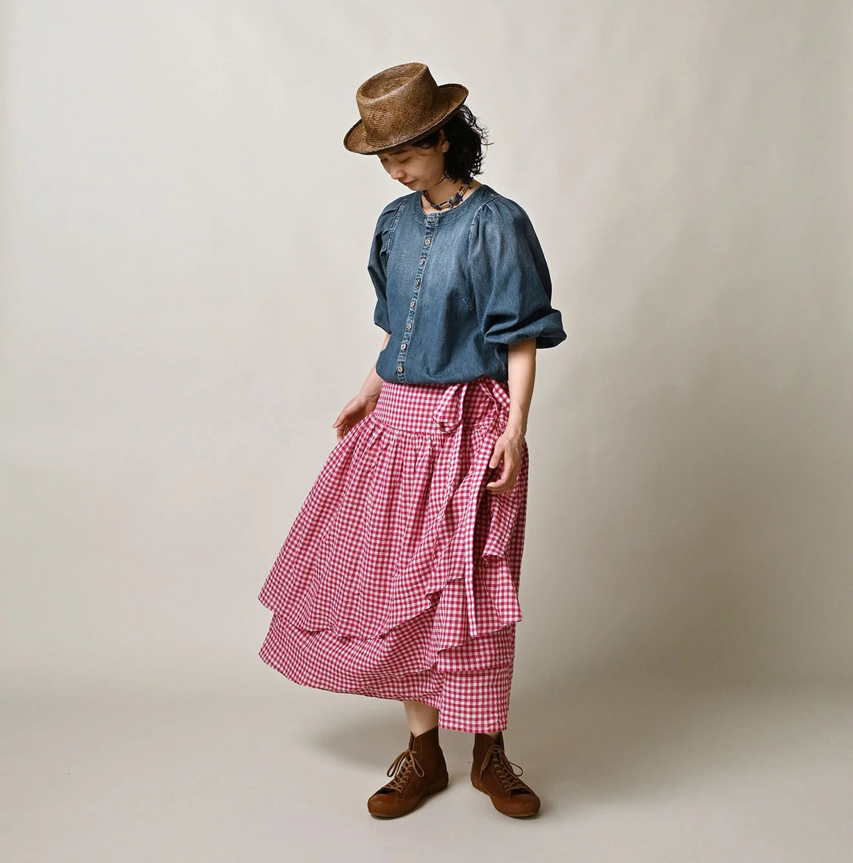 45R Gauze Gingham Wrap Frill Skirt