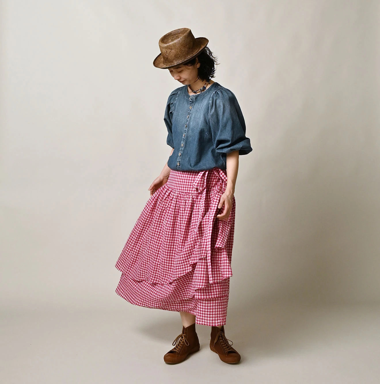 45R Gauze Gingham Wrap Frill Skirt - Image 6