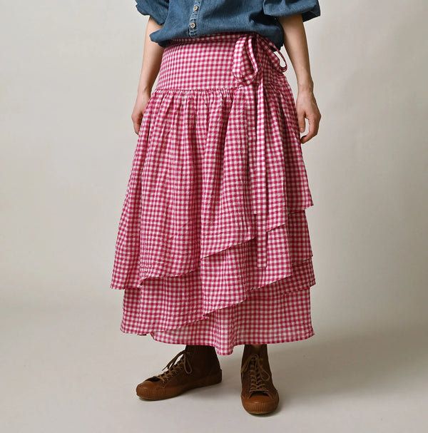 45R Gauze Gingham Wrap Frill Skirt