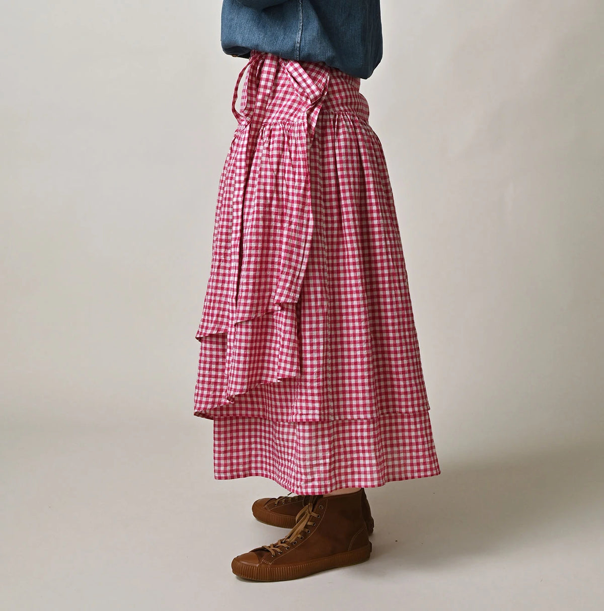 45R Gauze Gingham Wrap Frill Skirt
