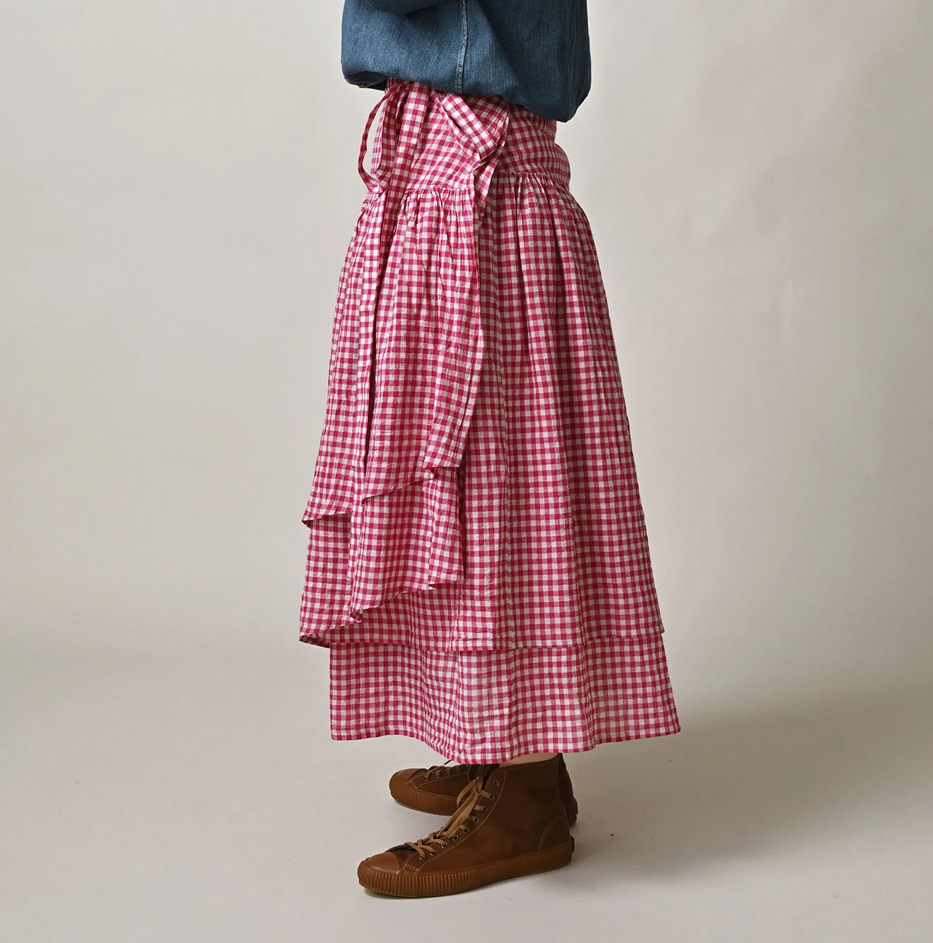 45R Gauze Gingham Wrap Frill Skirt - Image 8