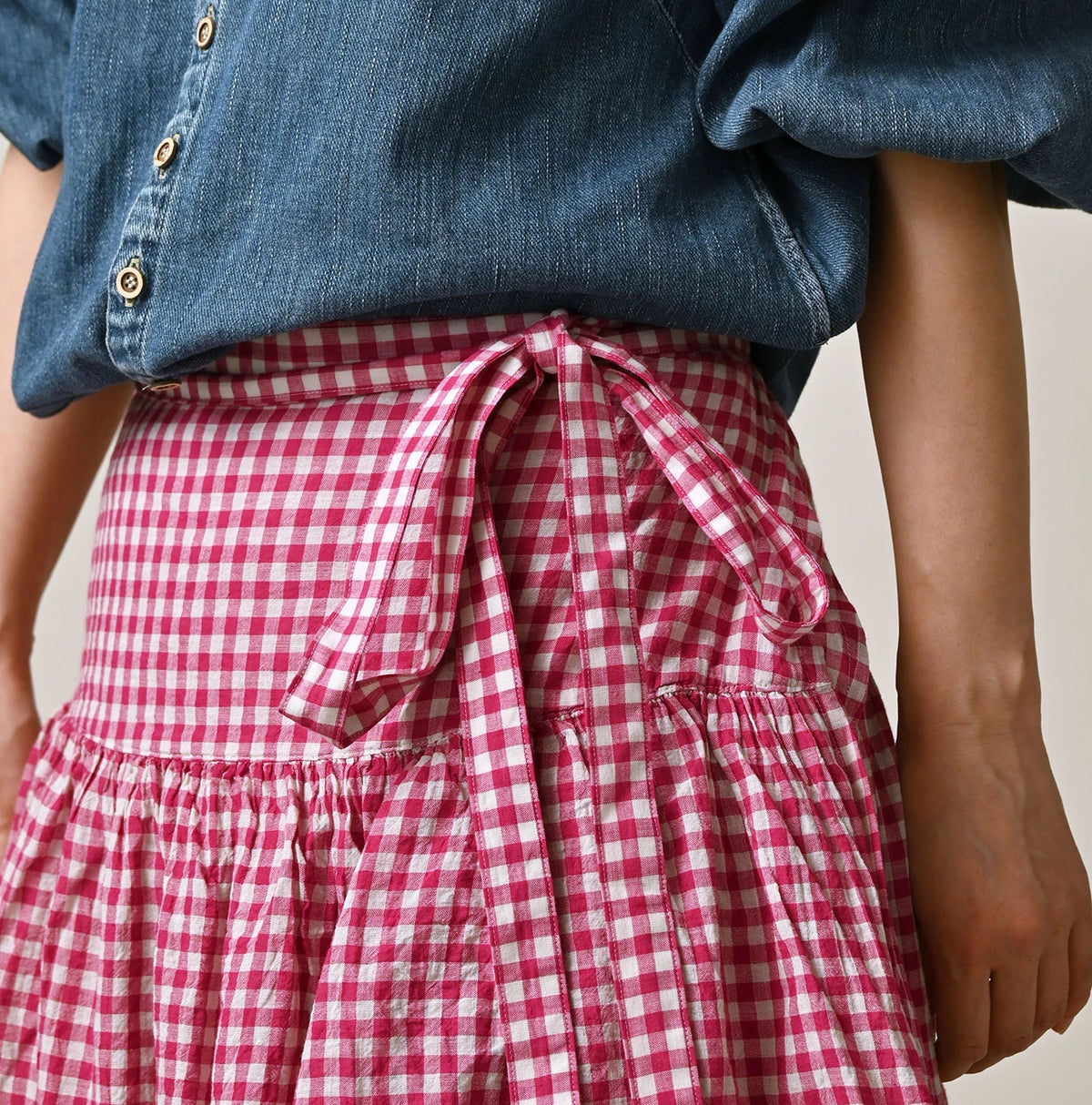 45R Gauze Gingham Wrap Frill Skirt