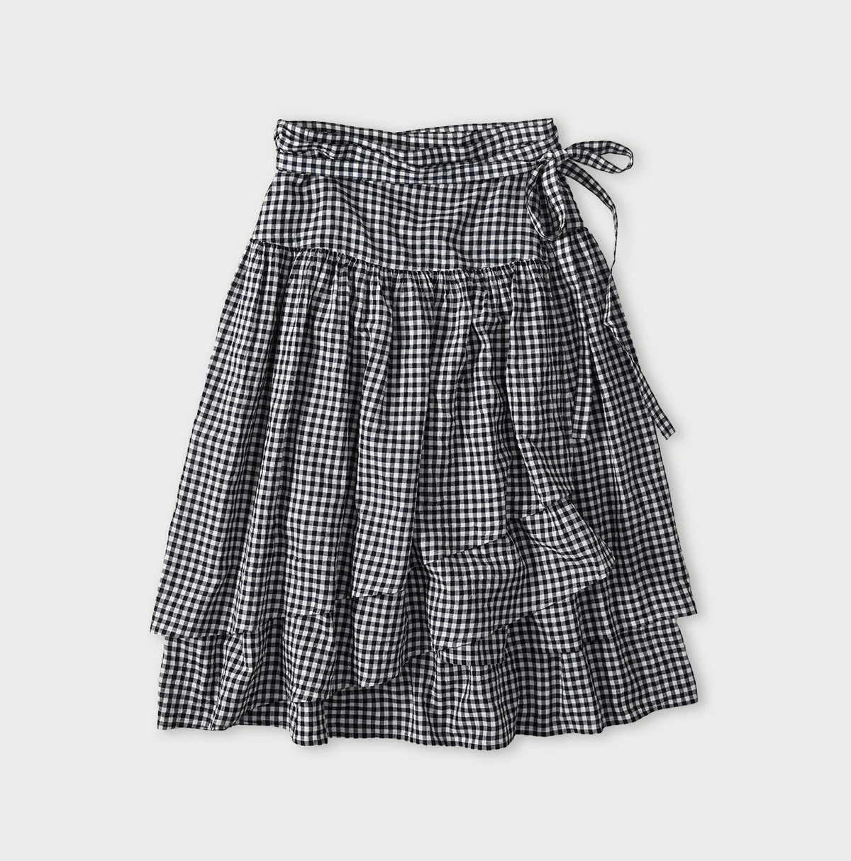 45R Indigo Gauze Gingham Wrap Frill Skirt