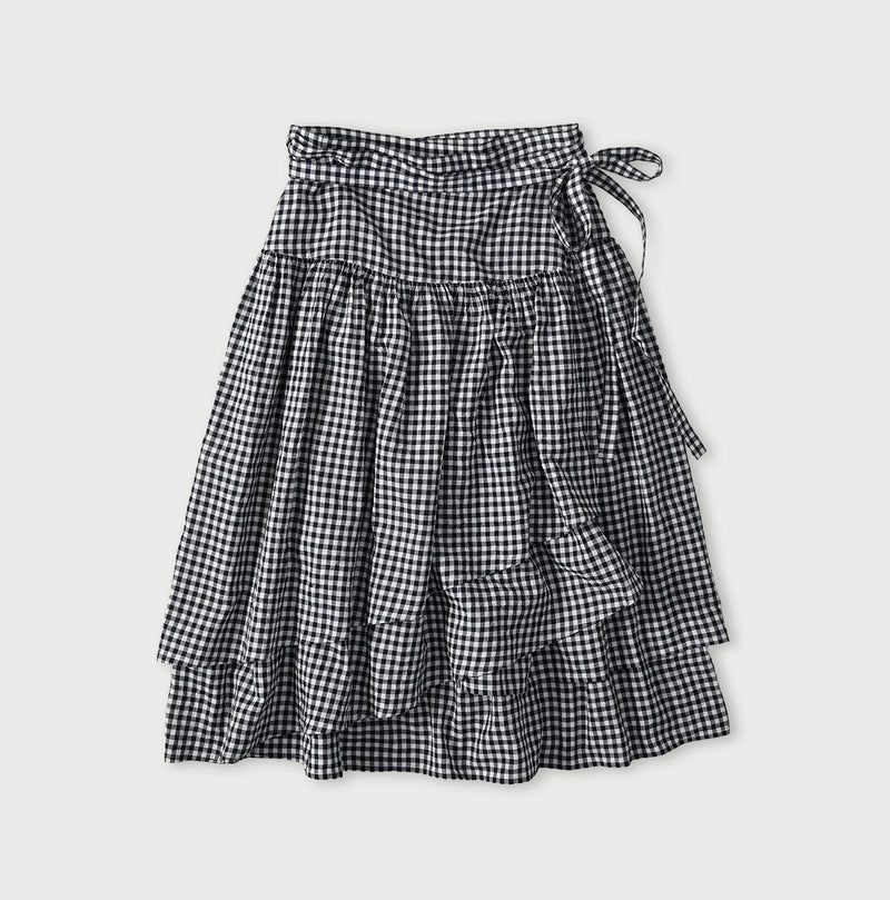45R Indigo Gauze Gingham Wrap Frill Skirt - Image 1