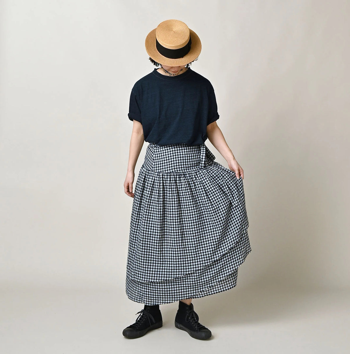 45R Indigo Gauze Gingham Wrap Frill Skirt
