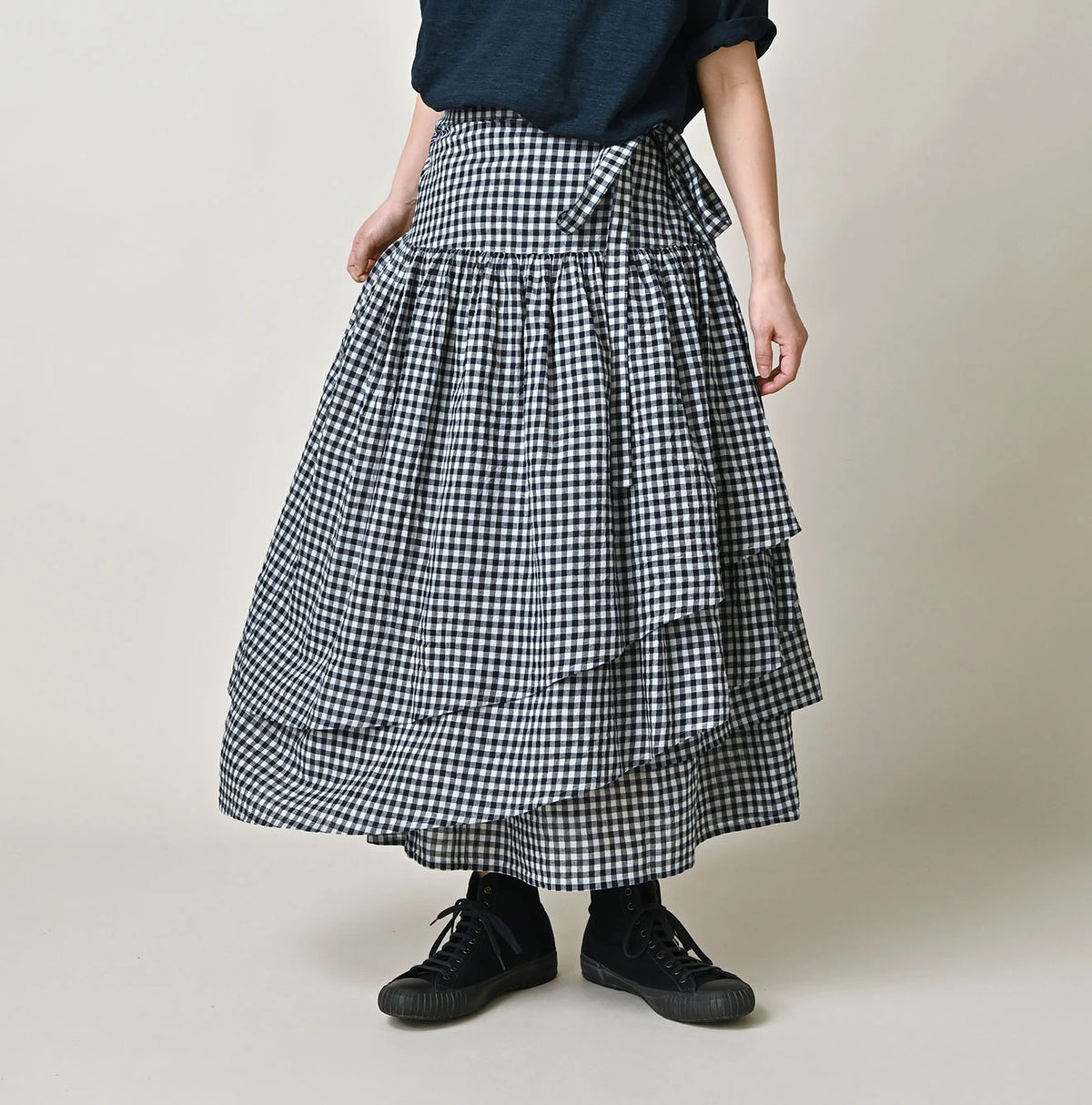 45R Indigo Gauze Gingham Wrap Frill Skirt