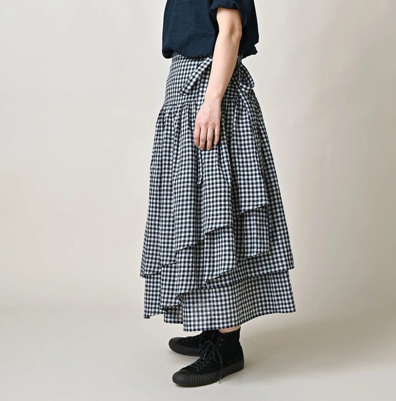 45R Indigo Gauze Gingham Wrap Frill Skirt - Image 4