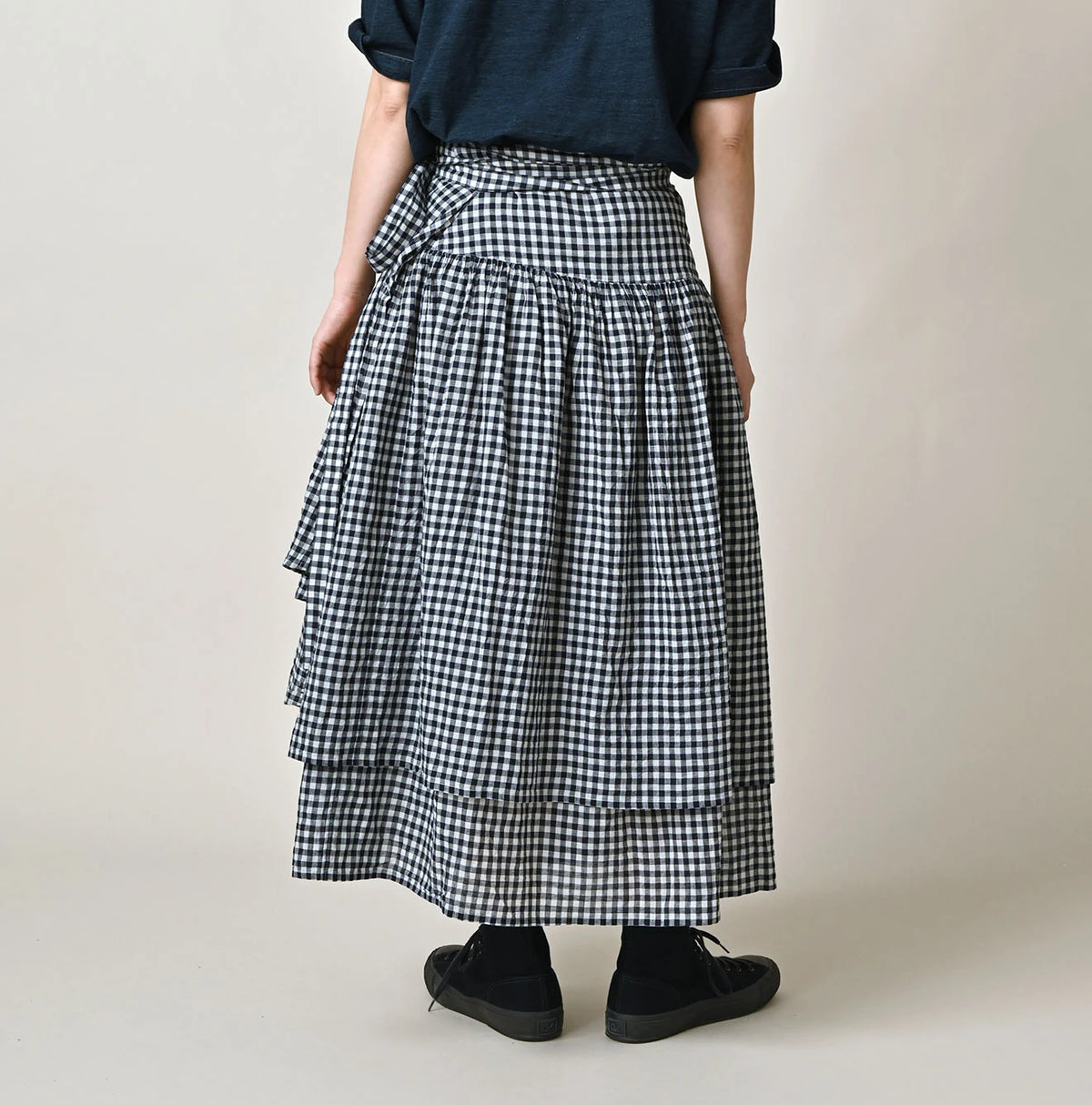 45R Indigo Gauze Gingham Wrap Frill Skirt