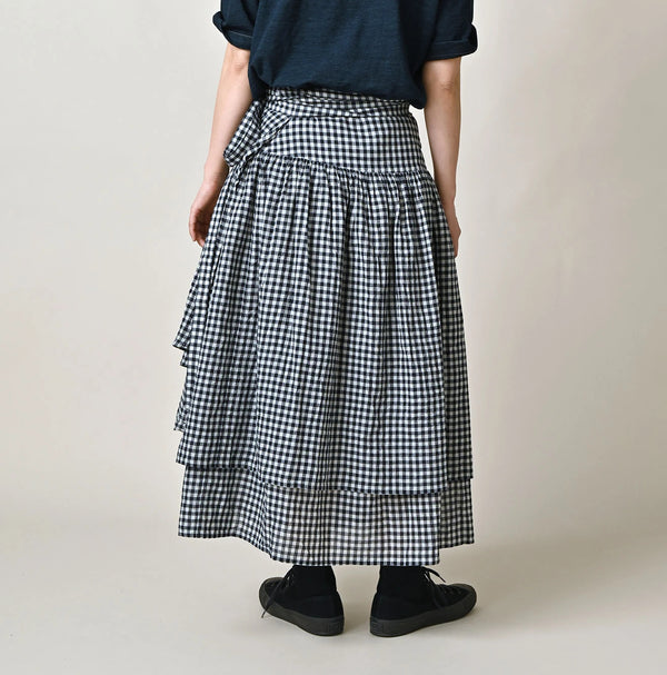 45R Indigo Gauze Gingham Wrap Frill Skirt