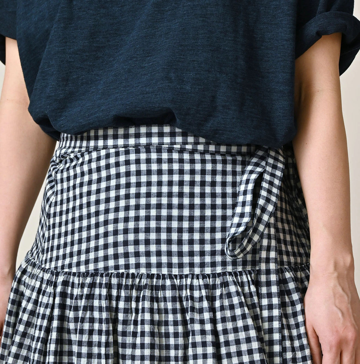 45R Indigo Gauze Gingham Wrap Frill Skirt