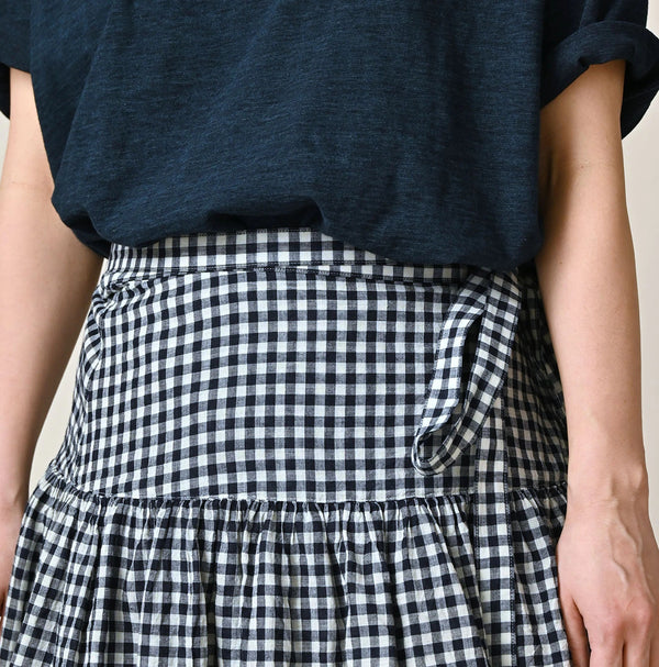 45R Indigo Gauze Gingham Wrap Frill Skirt