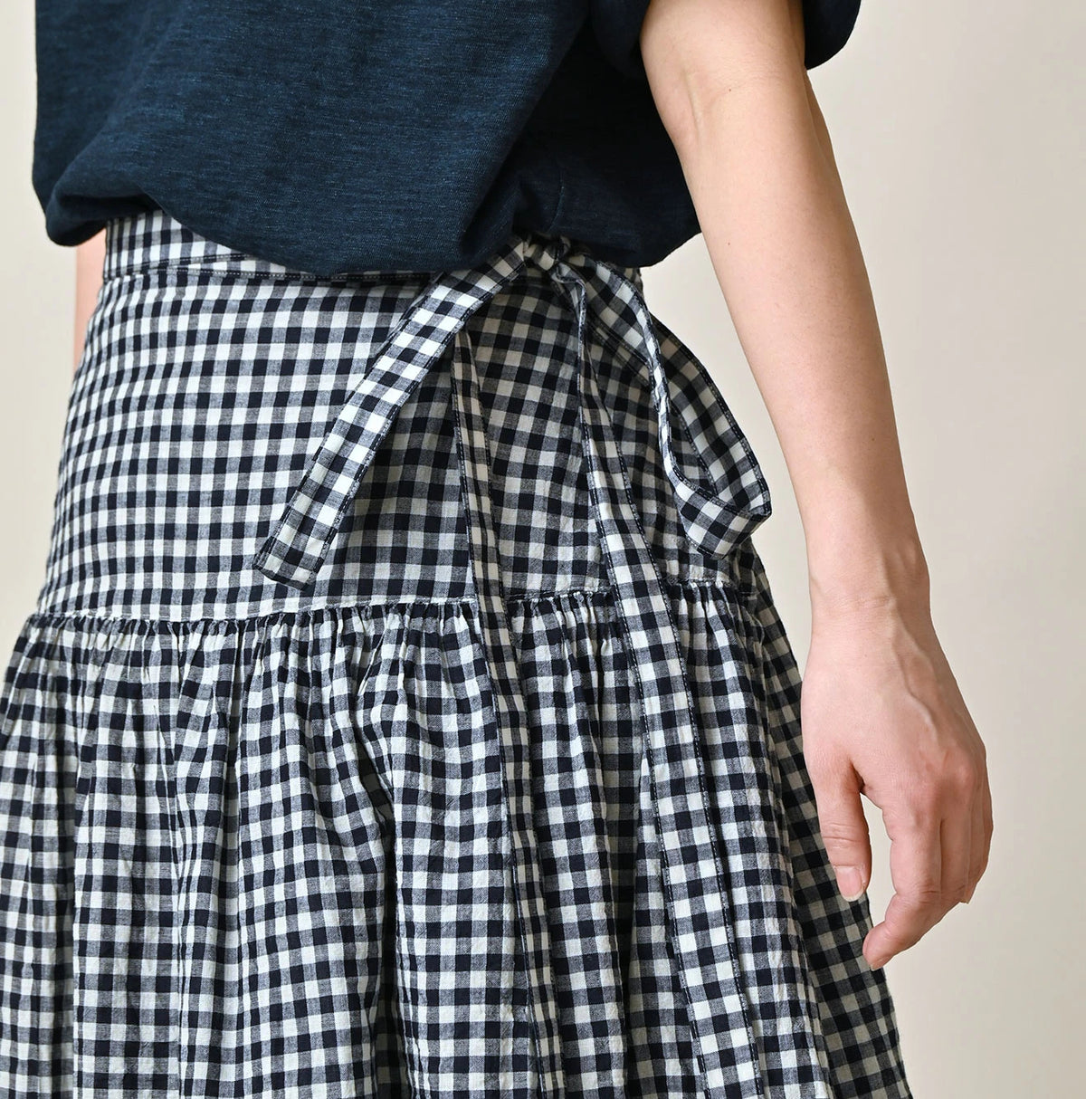 45R Indigo Gauze Gingham Wrap Frill Skirt