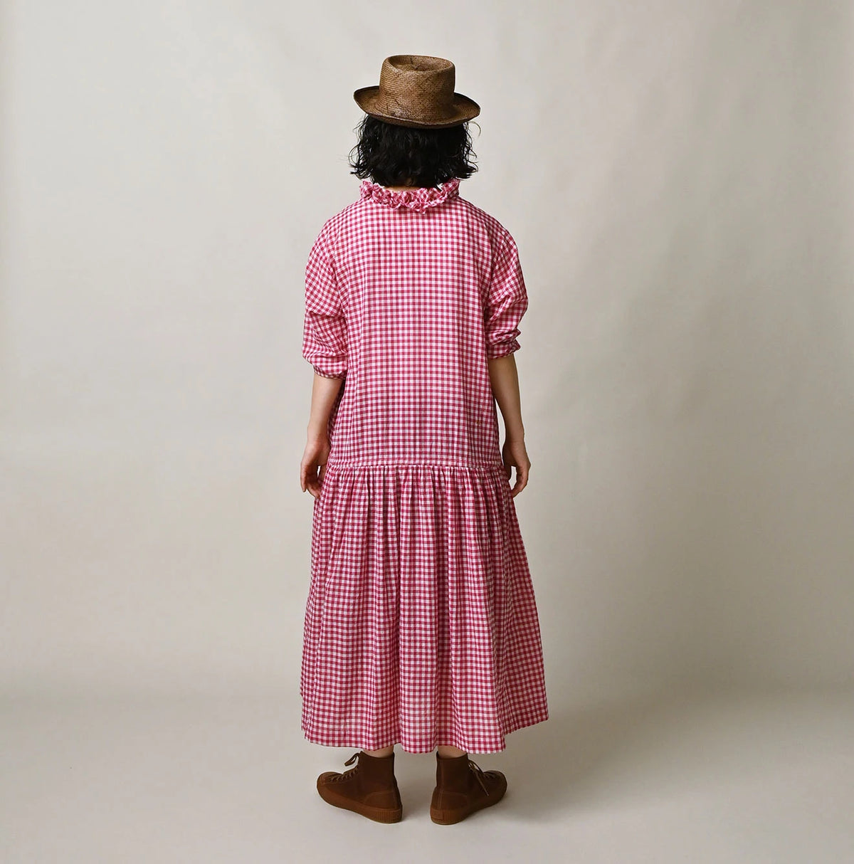 45R Gauze Gingham Frill Collar Dress
