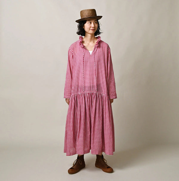 45R Gauze Gingham Frill Collar Dress