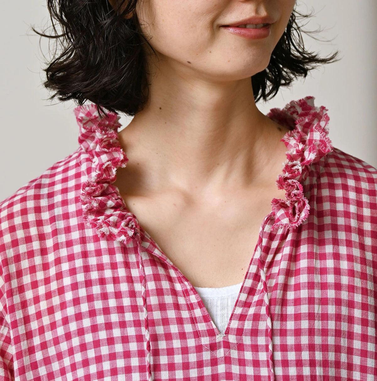 45R Gauze Gingham Frill Collar Dress