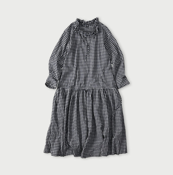 45R Indigo Gauze Gingham Frill Collar Dress