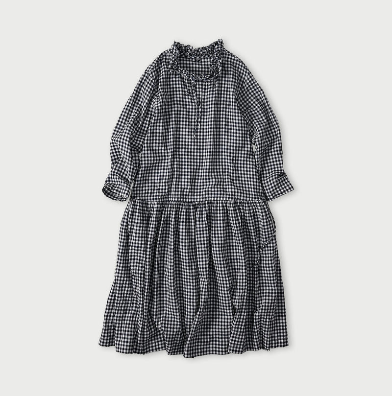 45R Indigo Gauze Gingham Frill Collar Dress - Image 1