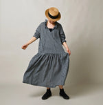 45R Indigo Gauze Gingham Frill Collar Dress