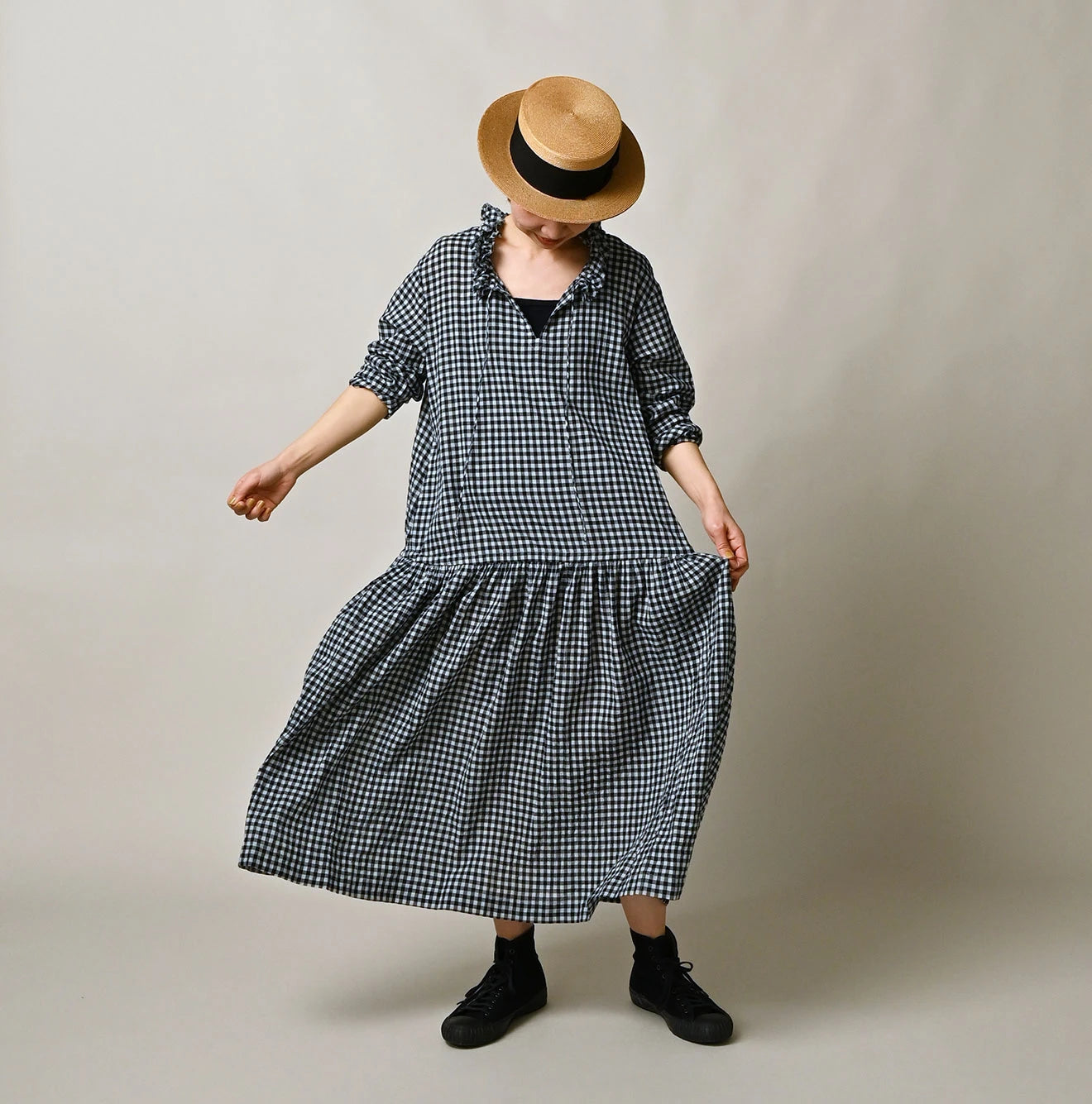 45R Indigo Gauze Gingham Frill Collar Dress - Image 2