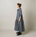 45R Indigo Gauze Gingham Frill Collar Dress