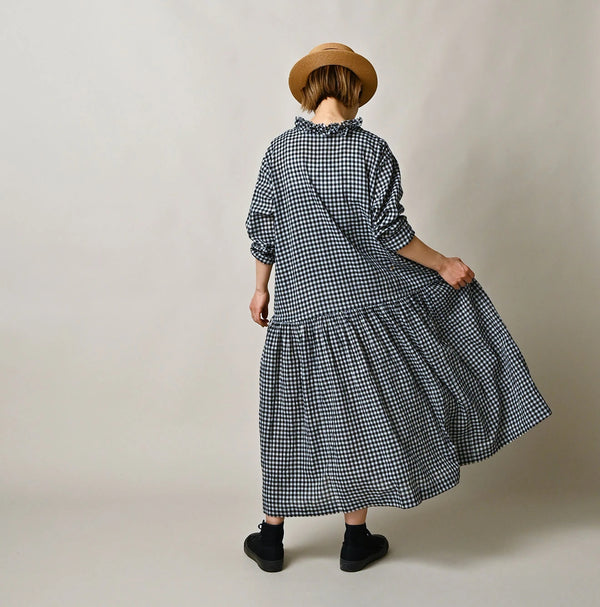 45R Indigo Gauze Gingham Frill Collar Dress