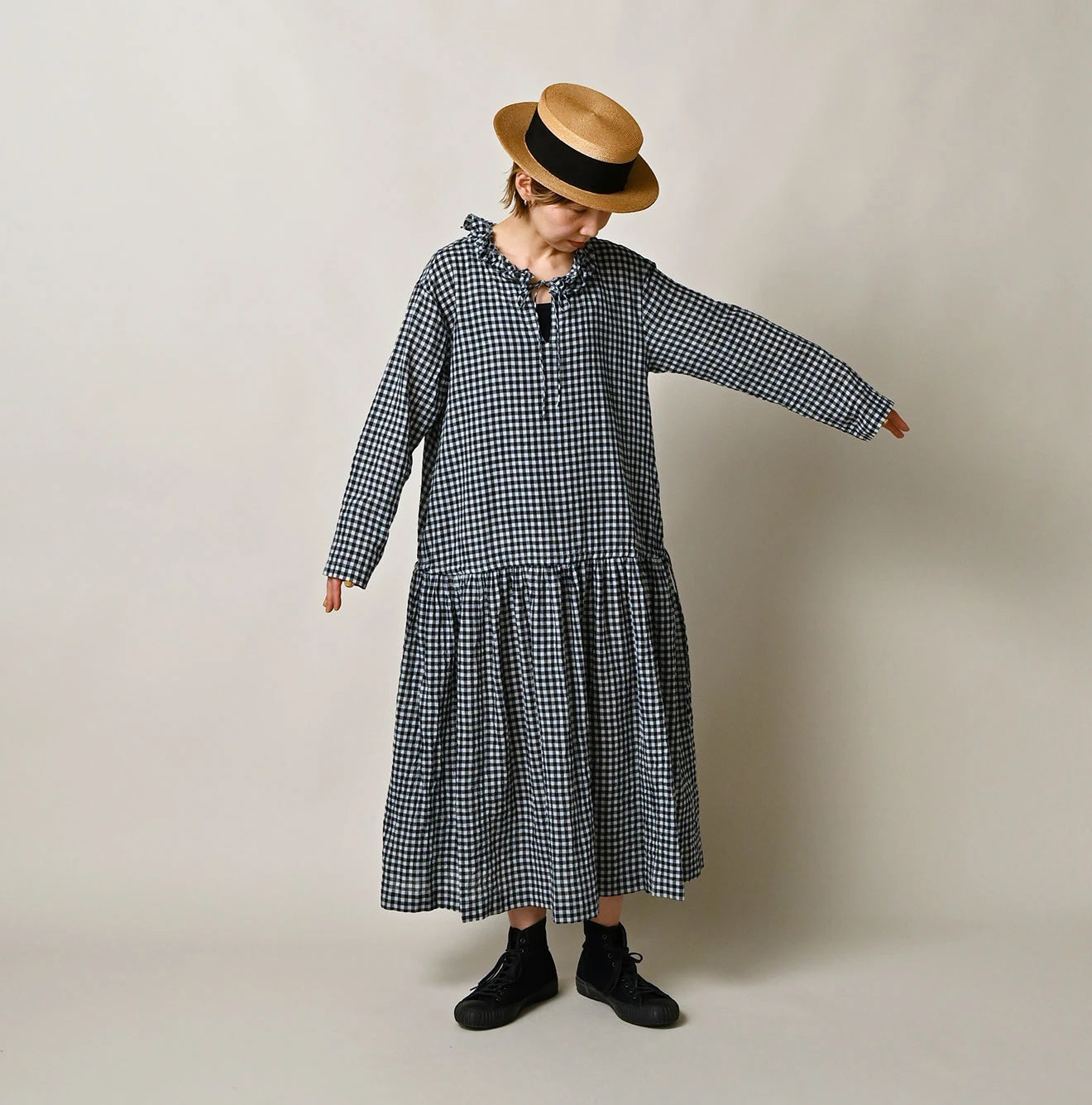 45R Indigo Gauze Gingham Frill Collar Dress - Image 5