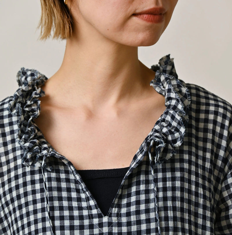 45R Indigo Gauze Gingham Frill Collar Dress - Image 6