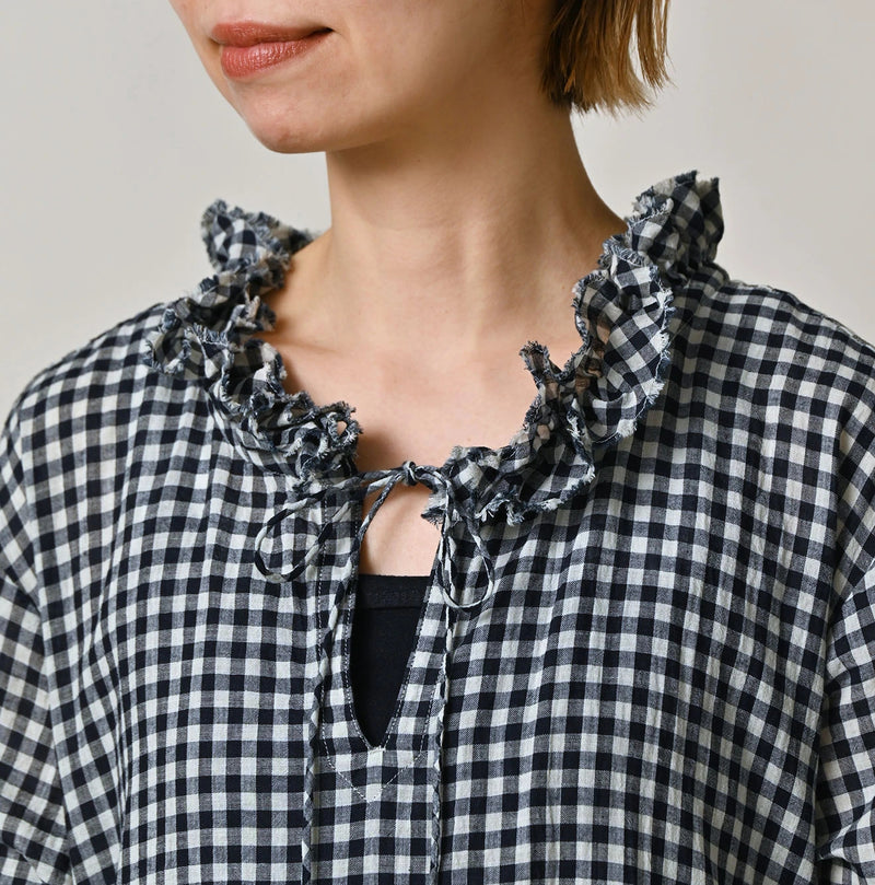 45R Indigo Gauze Gingham Frill Collar Dress - Image 7