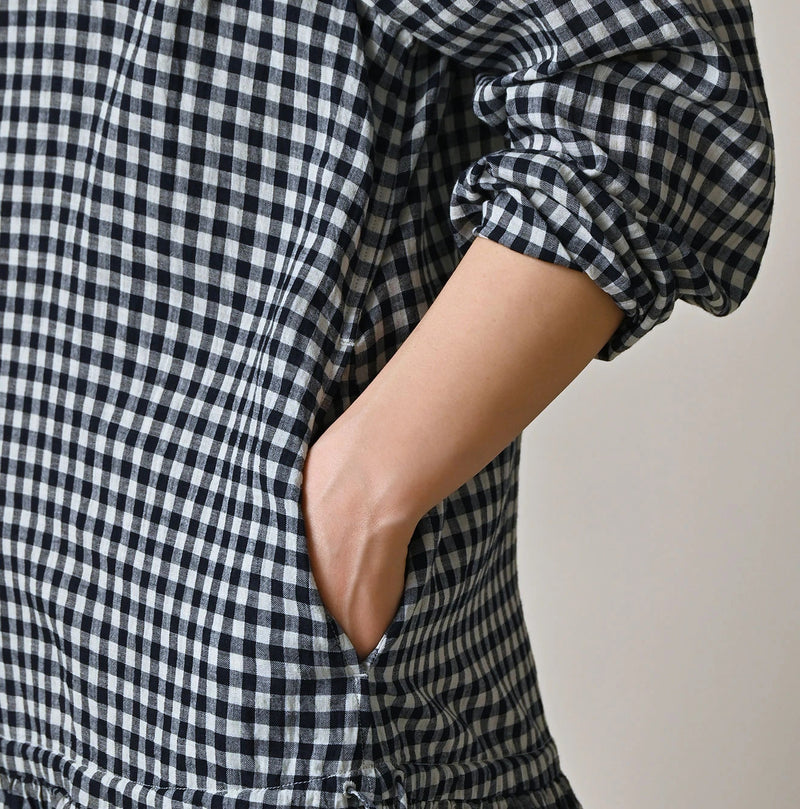 45R Indigo Gauze Gingham Frill Collar Dress - Image 8