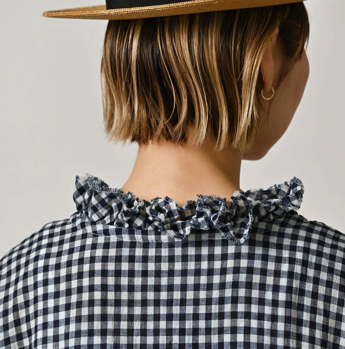 45R Indigo Gauze Gingham Frill Collar Dress