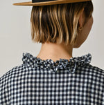 45R Indigo Gauze Gingham Frill Collar Dress