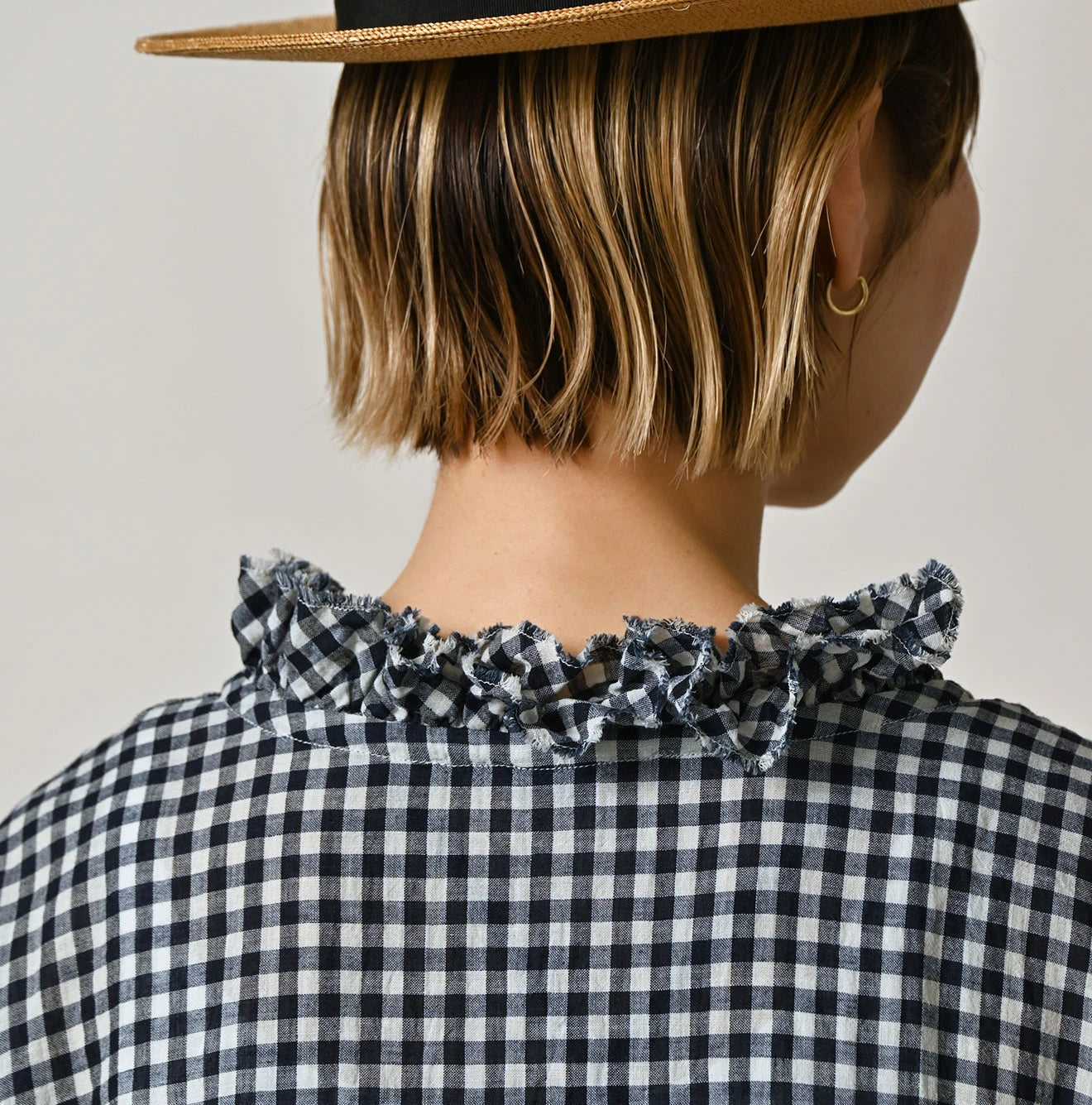 45R Indigo Gauze Gingham Frill Collar Dress - Image 9