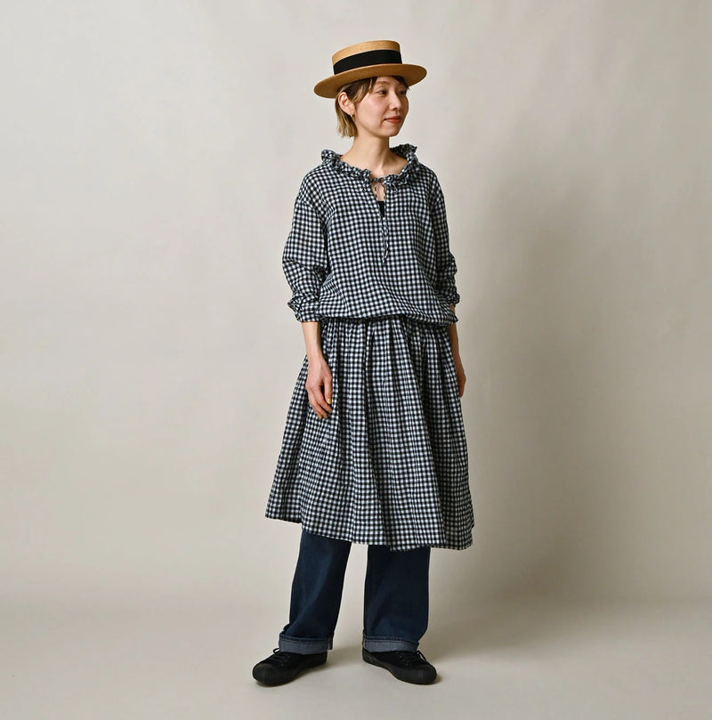 45R Indigo Gauze Gingham Frill Collar Dress - Image 11